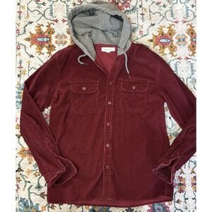 Aeropostale RedCorduroy Shirt Mens Medium Gray Hooded Button Down Pocket